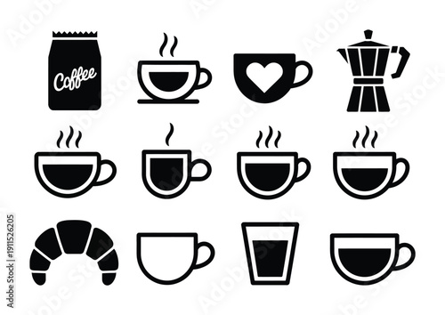 Collection of Coffee Cups, Moka Pot, Croissant, and Coffee Bag