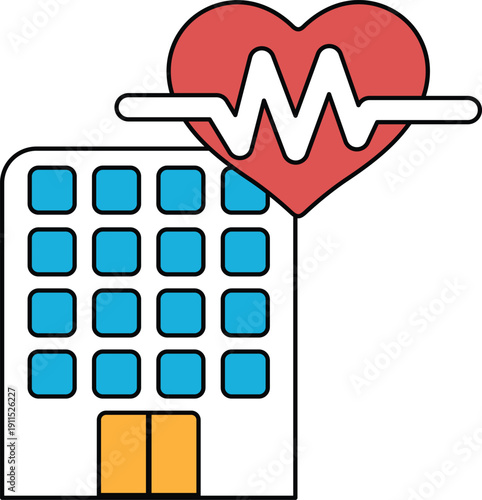 A building with a heart on it and the word "hospital" in the background