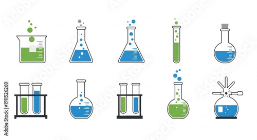 Collection of laboratory equipment icons featuring beakers and flasks in various shapes and sizes with blue and green liquids