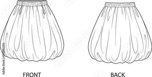 Balloon skirt technical drawing vector, front and back view with elastic waistband and pocket detail