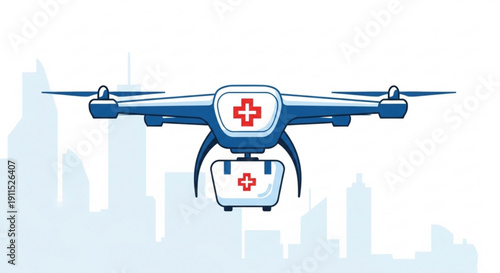 Medical drone flying over city with first aid kit symbolizing emergency response and healthcare delivery
