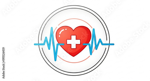 Red heart with white cross inside circular frame surrounded by blue heartbeat line on white background symbolizing health and medical care