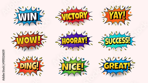 Sounds Set of Comic Book Speech Bubbles Success / Win with Victory, Success, and Win Text in Pop Art Style	