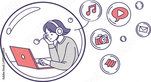 Digital Cocoon: A young individual, absorbed in their digital world, surrounded by icons symbolizing multimedia and connection.