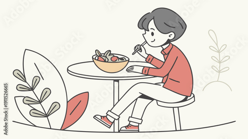 Healthy Eating Illustration: A young individual enjoys a nourishing meal at a cafe, embodying the spirit of mindful consumption and well-being.