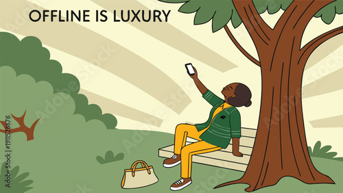 Offline Luxury: A person sits beneath a tree, taking a moment of digital connection in nature, with the words OFFLINE IS LUXURY printed above. 