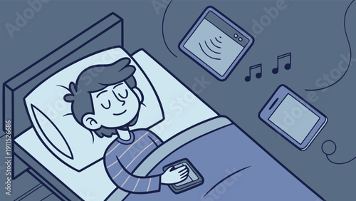 Digital Slumber: A boy rests peacefully in his bed, oblivious to the digital glow emanating from the tablets and phone that surround him, inviting contemplation on the impact of technology on rest.