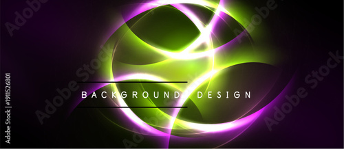 Abstract neon swirls, vibrant purple, green hues. Dark background emphasizes glowing curves, dynamic design element.