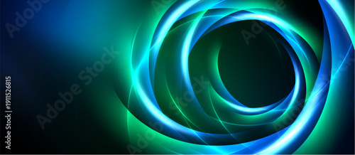 Abstract swirls, vibrant blues, greens create dynamic energy. Light radiates from center, forming captivating visual effect.