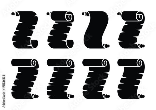 Collection of eight black scroll on a white background