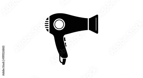 This bold black silhouette icon represents a hair dryer, symbolizing beauty care, hairstyling, grooming, and salon services. The minimal high-contrast vector design ensures clarity and adaptability ac