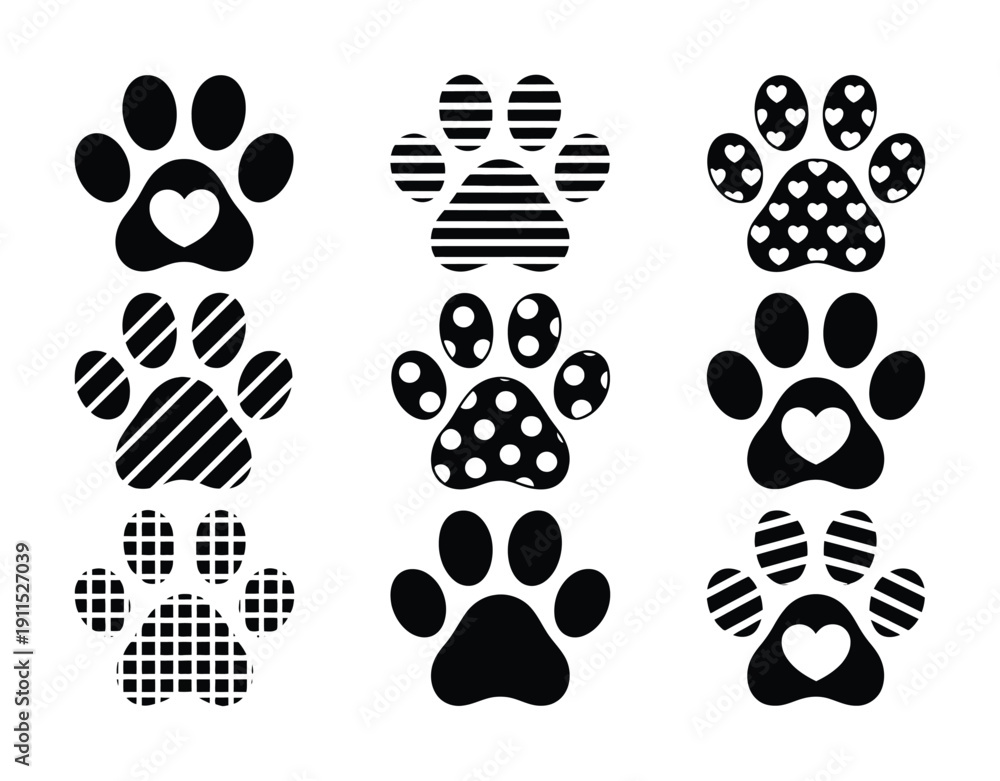 Fototapeta premium Collection of Nine Black and White Paw Print with Patterns