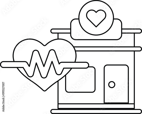 A building with a heart on it and a heart monitor on the ground