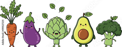 Cute vegetable characters collection isolated. Kawaii carrot, eggplant, artichoke, avocado and broccoli set. Flat cartoon illustration for kids design.