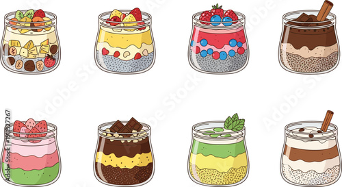 Chia pudding jars collection isolated. Healthy layered dessert set. Flat illustration of fruit, chocolate and yogurt parfait variations.