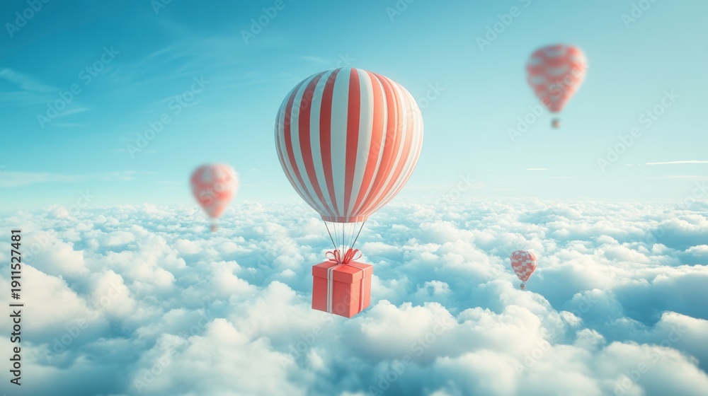 Fototapeta premium A Box flying on a parachute with pink cloud,vector illustration of package flying down from sky and cloud with parachute, concept for delivery service,shopping online,air delivery service.