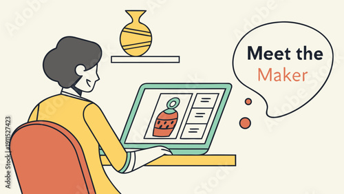 Meet the Maker: A creative individual is immersed in his craft, gazing at his pottery design on his laptop