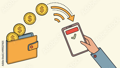 Digital Payment Revolution: Visualize a seamless financial transaction, where digital coins gracefully flow from a leather wallet into a mobile device.