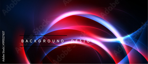 Abstract neon waves, vibrant red, blue hues. Dark background creates dramatic visual effect. Modern design element.