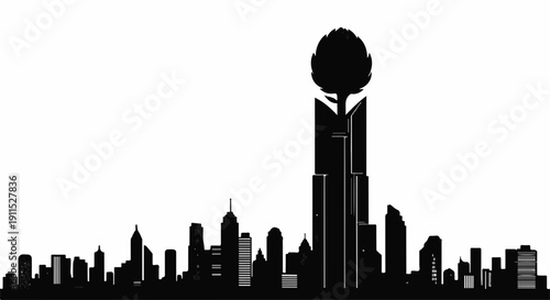 Silhouette cityscape with a vibrant tree growing from a skyscraper, symbolizing nature's resilience in urban environments.