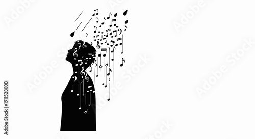 Silhouette of a person with musical notes flowing from their head, symbolizing inspiration and creativity.