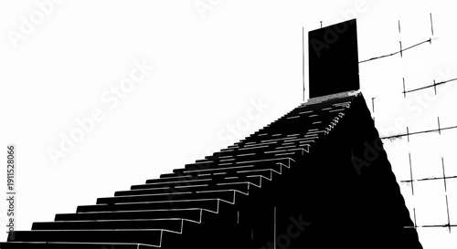 Dark staircase leading upwards to a bright, open doorway against a stark white background.