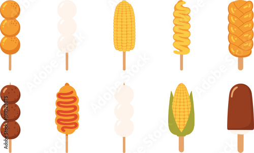Street food skewers collection isolated. Grilled snacks and corn set. Flat illustration of kebabs, spiral potatoes, corn dogs and ice cream.