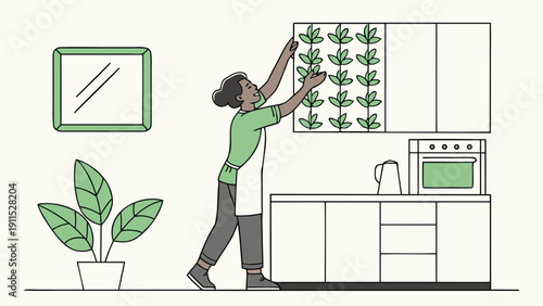 Urban Garden in the Kitchen: A woman cultivates a personal urban garden, her passion for plants showcased in a modern kitchen. Her connection with nature, turning home into green oasis.