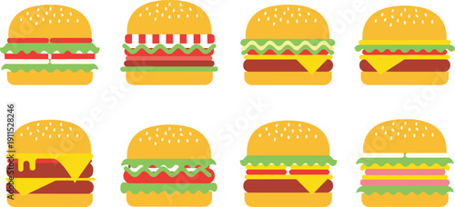 Flat burger collection isolated. Fast food cheeseburger set. Colorful sandwich icons with sesame buns, cheese, lettuce and tomato layers.
