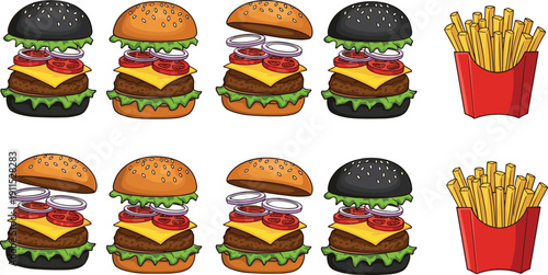 Cheeseburger and french fries collection isolated. Fast food combo set. Flat illustration of beef burgers with cheese, onion, tomato and crispy fries.