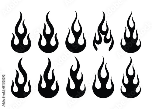Collection of ten black flame on a white background