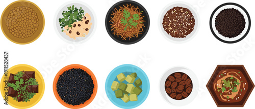 Superfood bowl collection isolated. Healthy ingredients top view set. Flat illustration of lentils, beans, tofu, seeds and plant based meals.