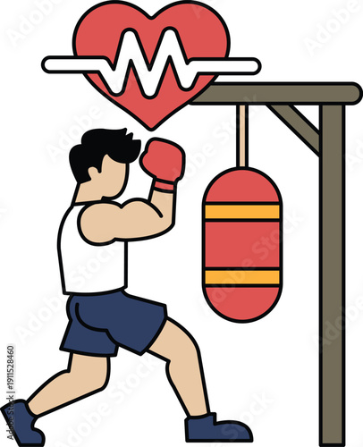 A man is boxing with a punching bag