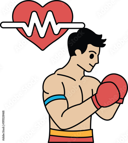 A man is boxing with a heart on the wall behind him