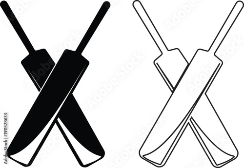 Cricket crossed bats sport emblem icon set with typography badge design, professional cricket tournament symbol in solid and outline style vector isolated on transparent background