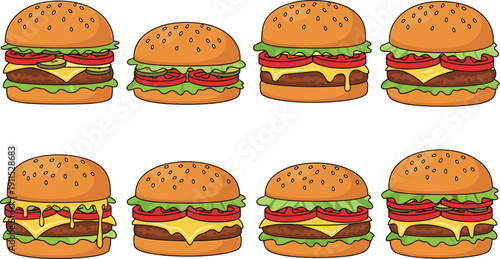 Cheeseburger collection isolated. Tasty fast food set. Flat illustration of beef burgers with cheese, lettuce, tomato and sesame buns.