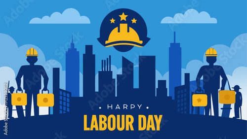 A vibrant illustration of labour day celebration with workers and cityscape