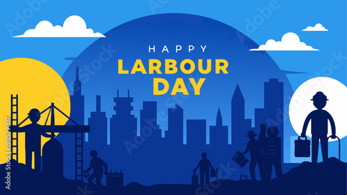 Celebrating labor day with workers against a bright city skyline