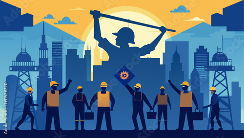 A futuristic cityscape with silhouetted figures against a vibrant sky