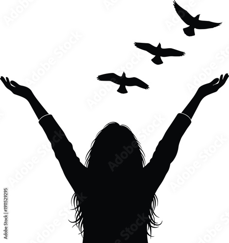 Woman silhouette raising hands with flying birds symbolizing freedom, hope, peace, spirituality, and emotional release isolated on white background