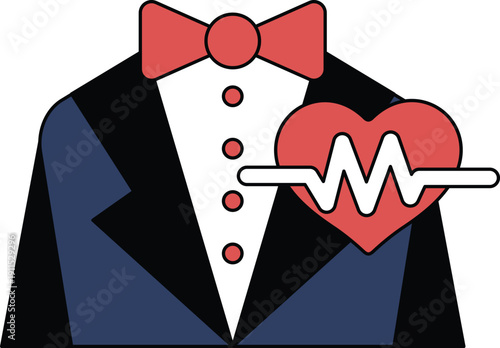 A man in a suit with a bow tie and a heart on his chest