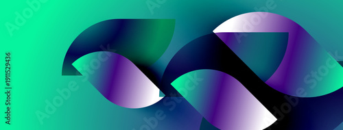Abstract shapes overlap, creating vibrant color gradients. Turquoise background complements purple, blue hues. Modern design.