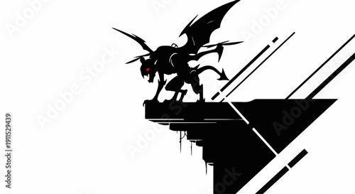 Fierce silhouette of a winged creature with red eyes perched on a cliff edge.