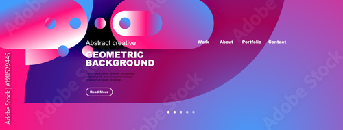 Abstract website header design. Vibrant pinks, blues create modern geometric background. Navigation includes work, about, portfolio, contact options.