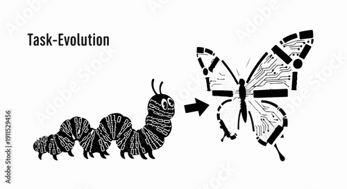 Caterpillar transforming into a futuristic butterfly with circuit board patterns, symbolizing evolution.
