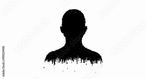 Abstract silhouette of a person dissolving into dark ink splatters against a white background.