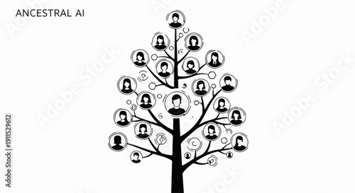 Stylized family tree illustration connecting generations with profile icons