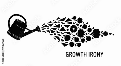 Watering can sprays abstract geometric shapes transforming into flowers, symbolizing ironic growth