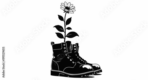 A delicate flower blooms from a sturdy work boot, symbolizing hope and new beginnings.