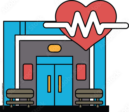 A building with a heart on it and a heart monitor